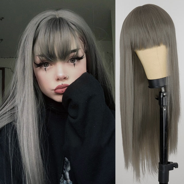 Heat Resistant Natural Hair Long Straight Wig With Bangs