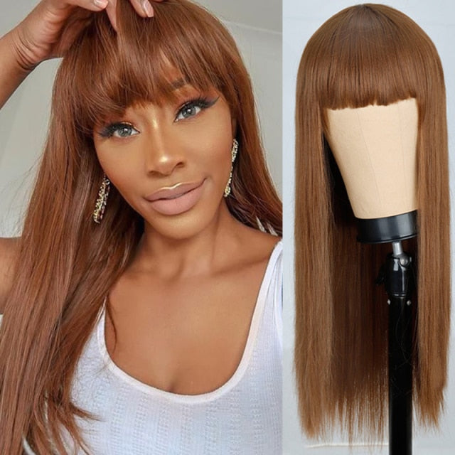 Heat Resistant Natural Hair Long Straight Wig With Bangs
