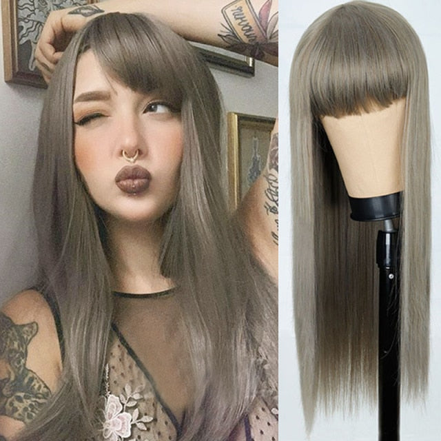 Heat Resistant Natural Hair Long Straight Wig With Bangs