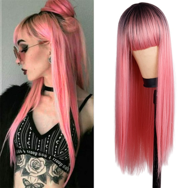 Heat Resistant Natural Hair Long Straight Wig With Bangs