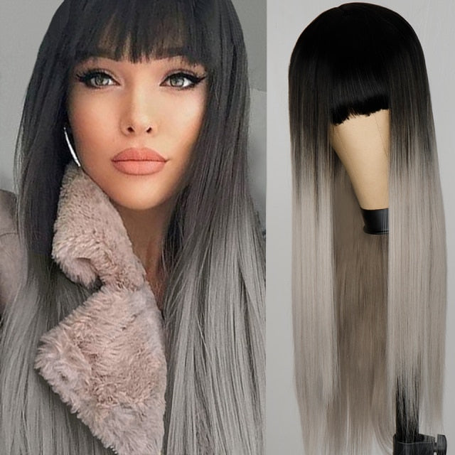 Heat Resistant Natural Hair Long Straight Wig With Bangs