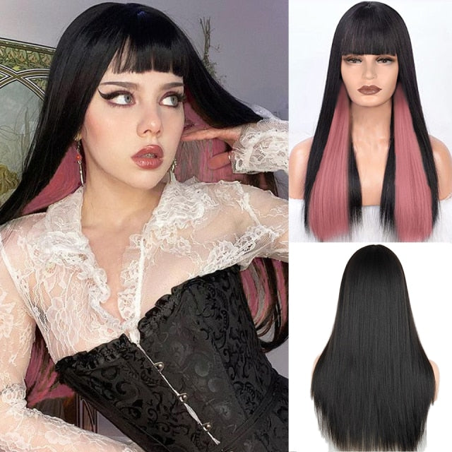 Heat Resistant Natural Hair Long Straight Wig With Bangs