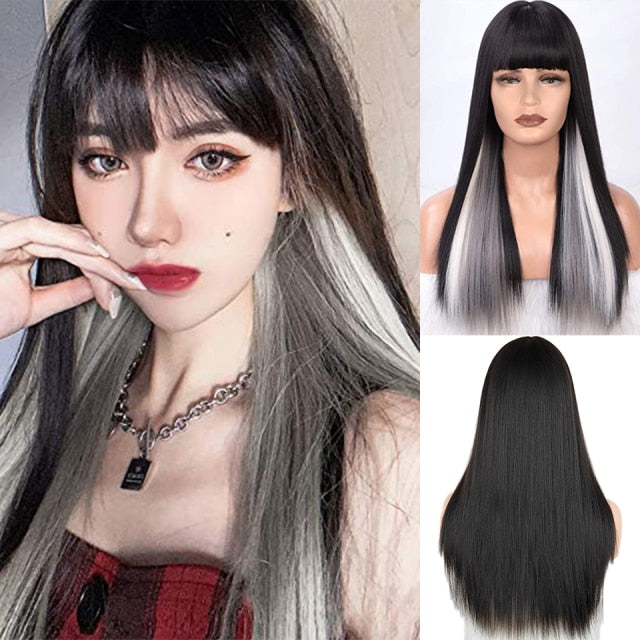 Heat Resistant Natural Hair Long Straight Wig With Bangs