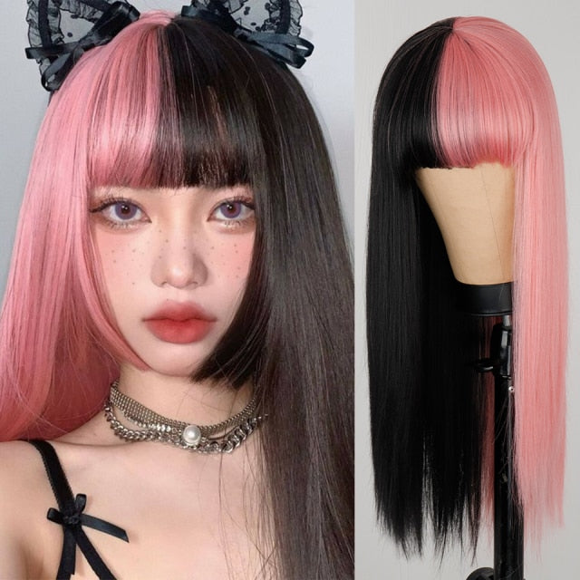 Heat Resistant Natural Hair Long Straight Wig With Bangs