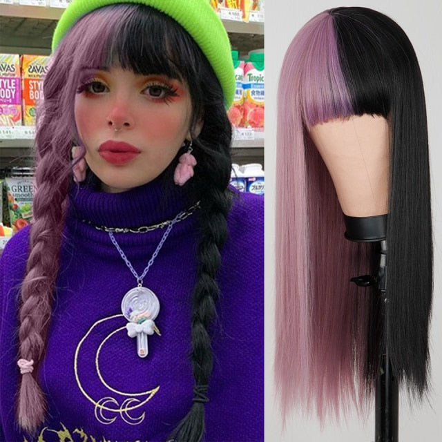 Heat Resistant Natural Hair Long Straight Wig With Bangs