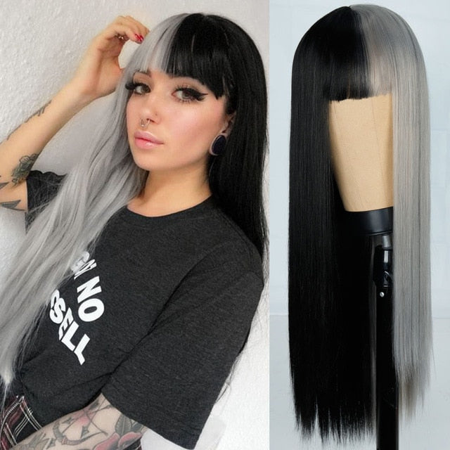 Heat Resistant Natural Hair Long Straight Wig With Bangs