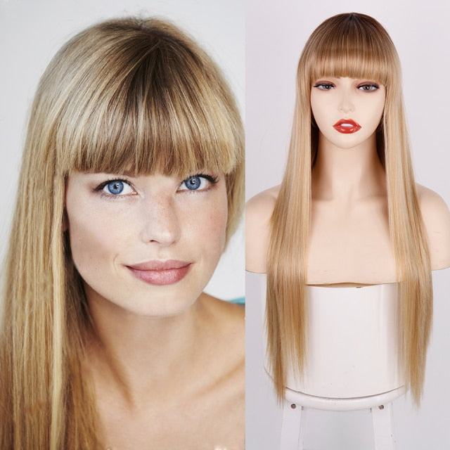 Heat Resistant Natural Hair Long Straight Wig With Bangs