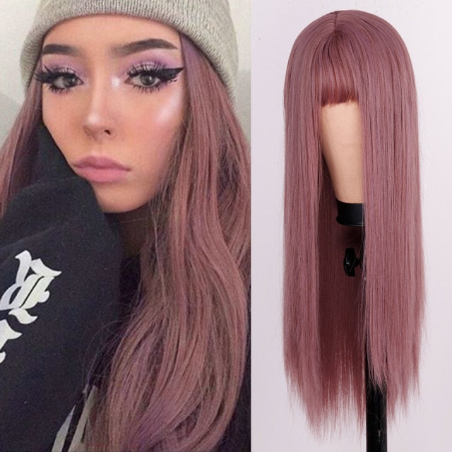 Heat Resistant Natural Hair Long Straight Wig With Bangs