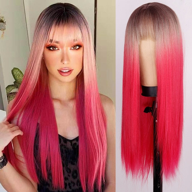 Heat Resistant Natural Hair Long Straight Wig With Bangs