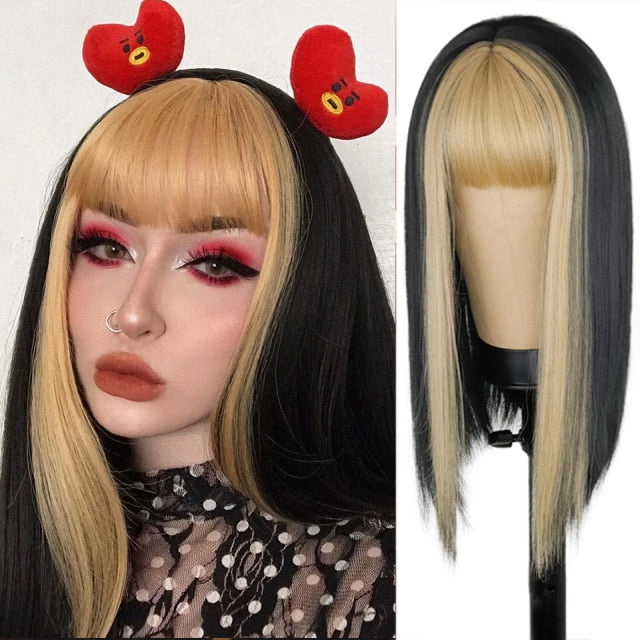Heat Resistant Natural Hair Long Straight Wig With Bangs