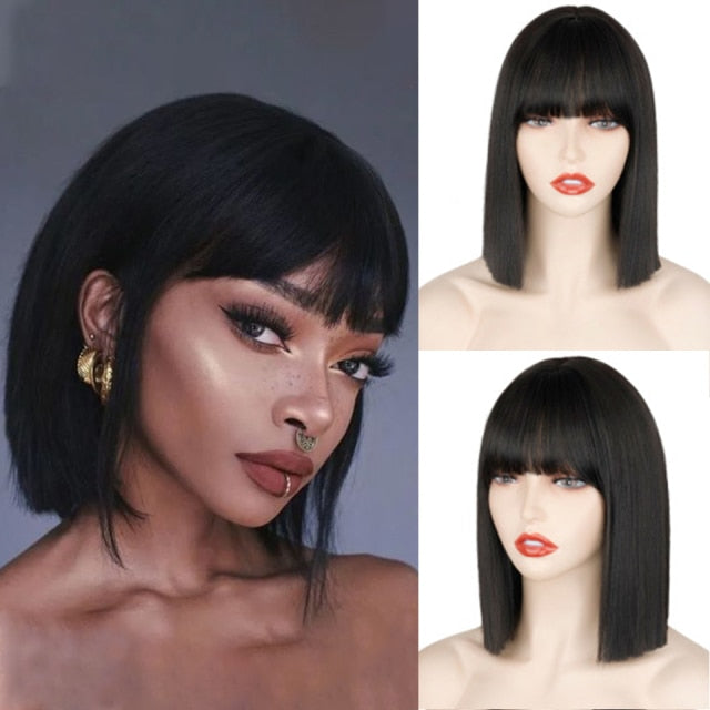 Heat Resistant Natural Hair Long Straight Wig With Bangs