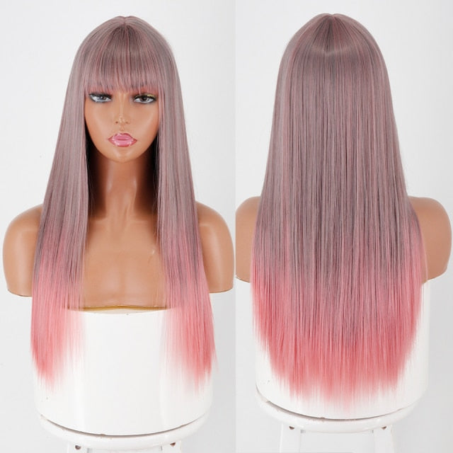Heat Resistant Natural Hair Long Straight Wig With Bangs