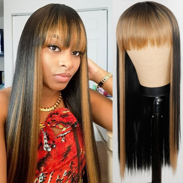 Heat Resistant Natural Hair Long Straight Wig With Bangs