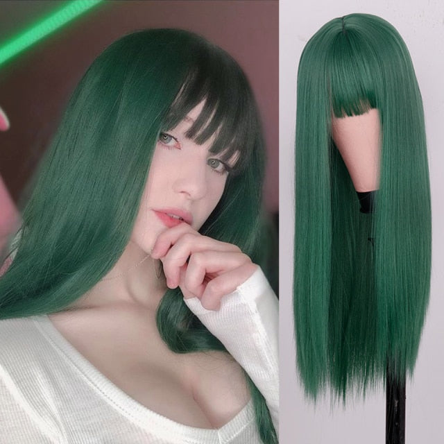 Heat Resistant Natural Hair Long Straight Wig With Bangs