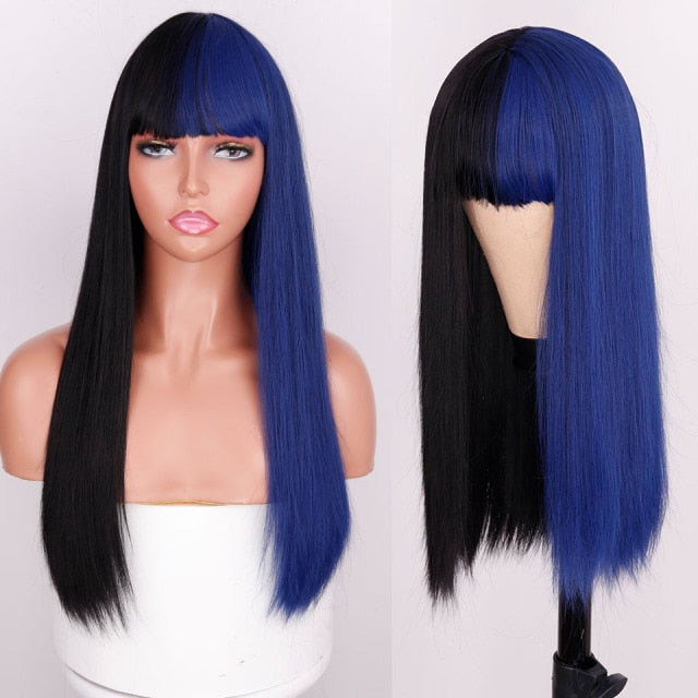Heat Resistant Natural Hair Long Straight Wig With Bangs
