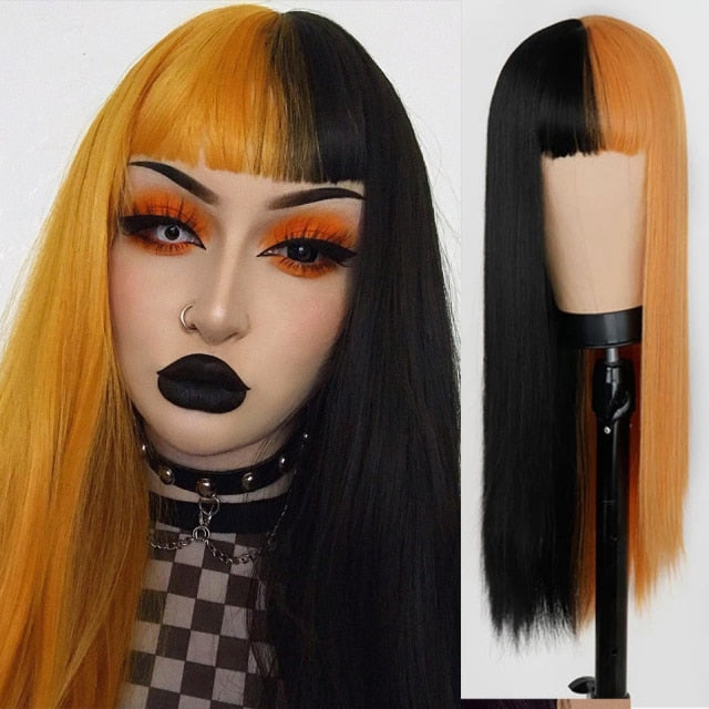 Heat Resistant Natural Hair Long Straight Wig With Bangs