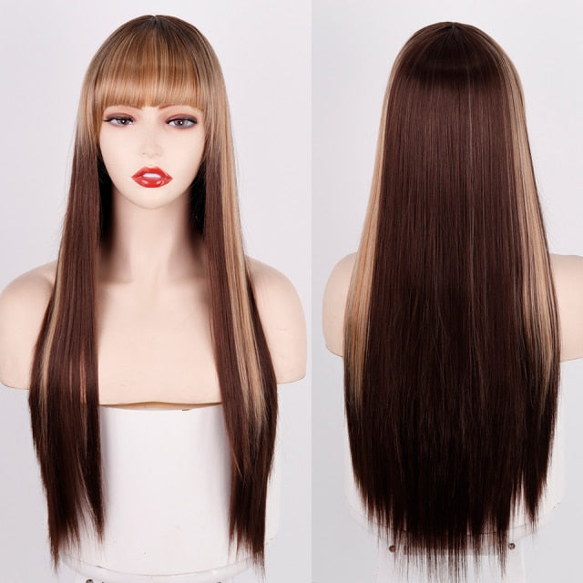 Heat Resistant Natural Hair Long Straight Wig With Bangs