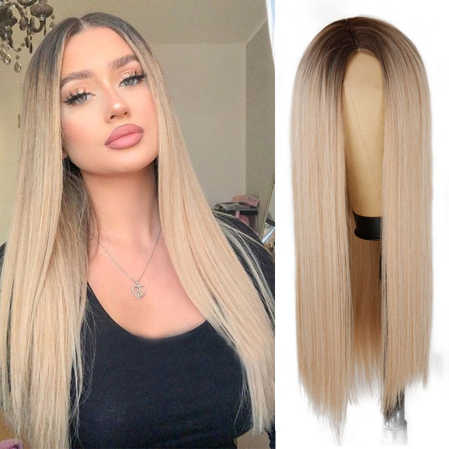 Heat Resistant Natural Hair Long Straight Wig With Bangs