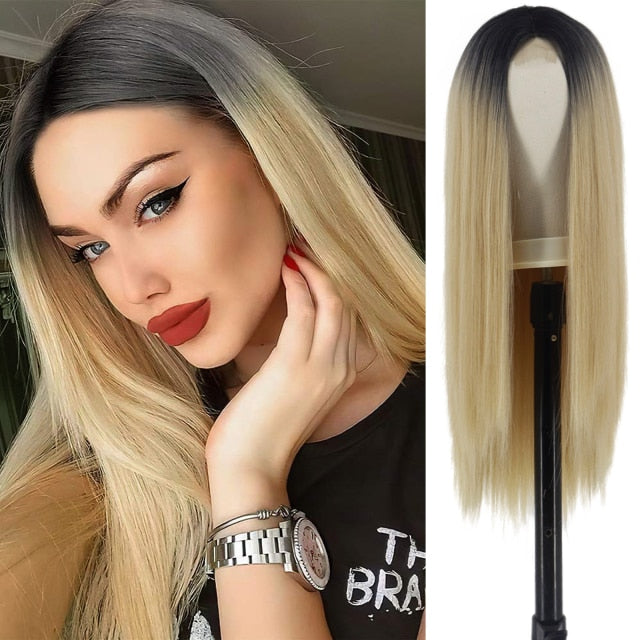 Heat Resistant Natural Hair Long Straight Wig With Bangs