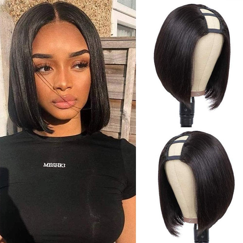 U Part Bob Wig Short Straight Human Hair Wigs Natural Color 180% Density Hair