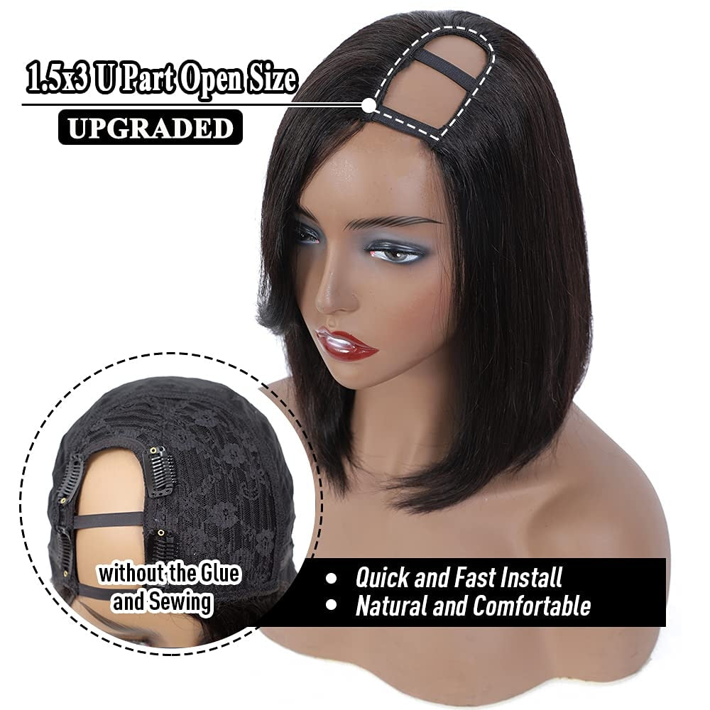 U Part Bob Wig Short Straight Human Hair Wigs Natural Color 180% Density Hair