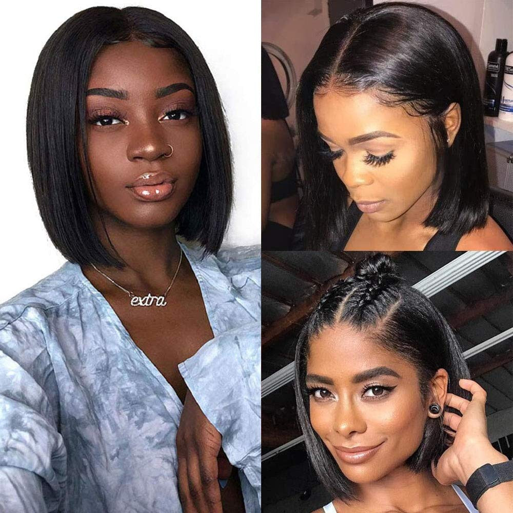 U Part Bob Wig Short Straight Human Hair Wigs Natural Color 180% Density Hair