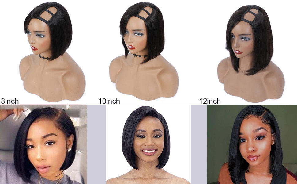 U Part Bob Wig Short Straight Human Hair Wigs Natural Color 180% Density Hair