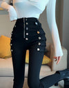 Double Breasted Decoration high Waist Elastic Pencil Pants