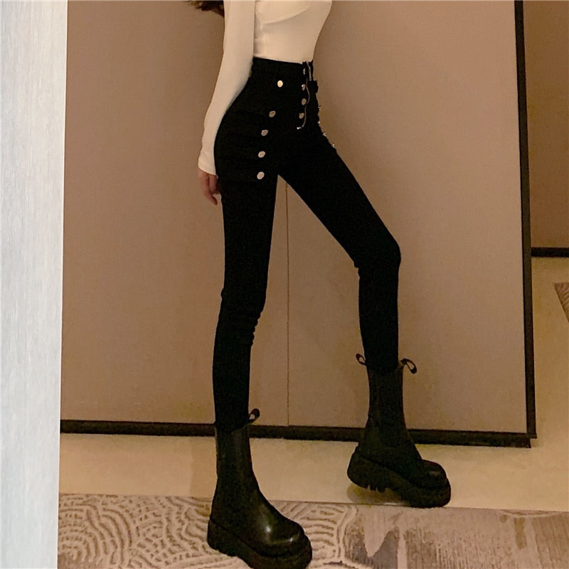 Double Breasted Decoration high Waist Elastic Pencil Pants