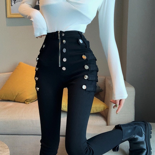 Double Breasted Decoration high Waist Elastic Pencil Pants