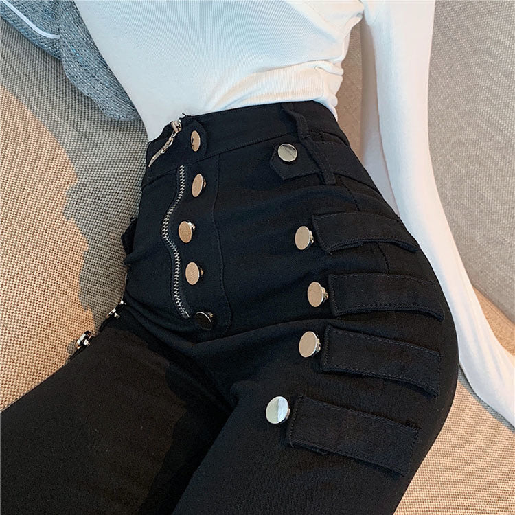 Double Breasted Decoration high Waist Elastic Pencil Pants