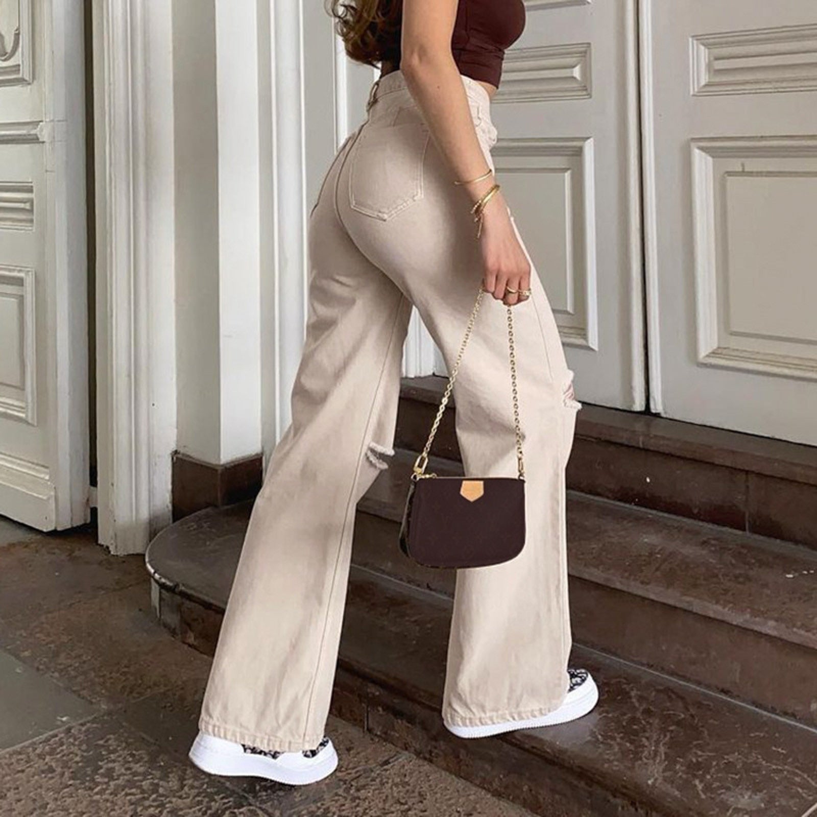 Beige Hollow Ripped Jeans