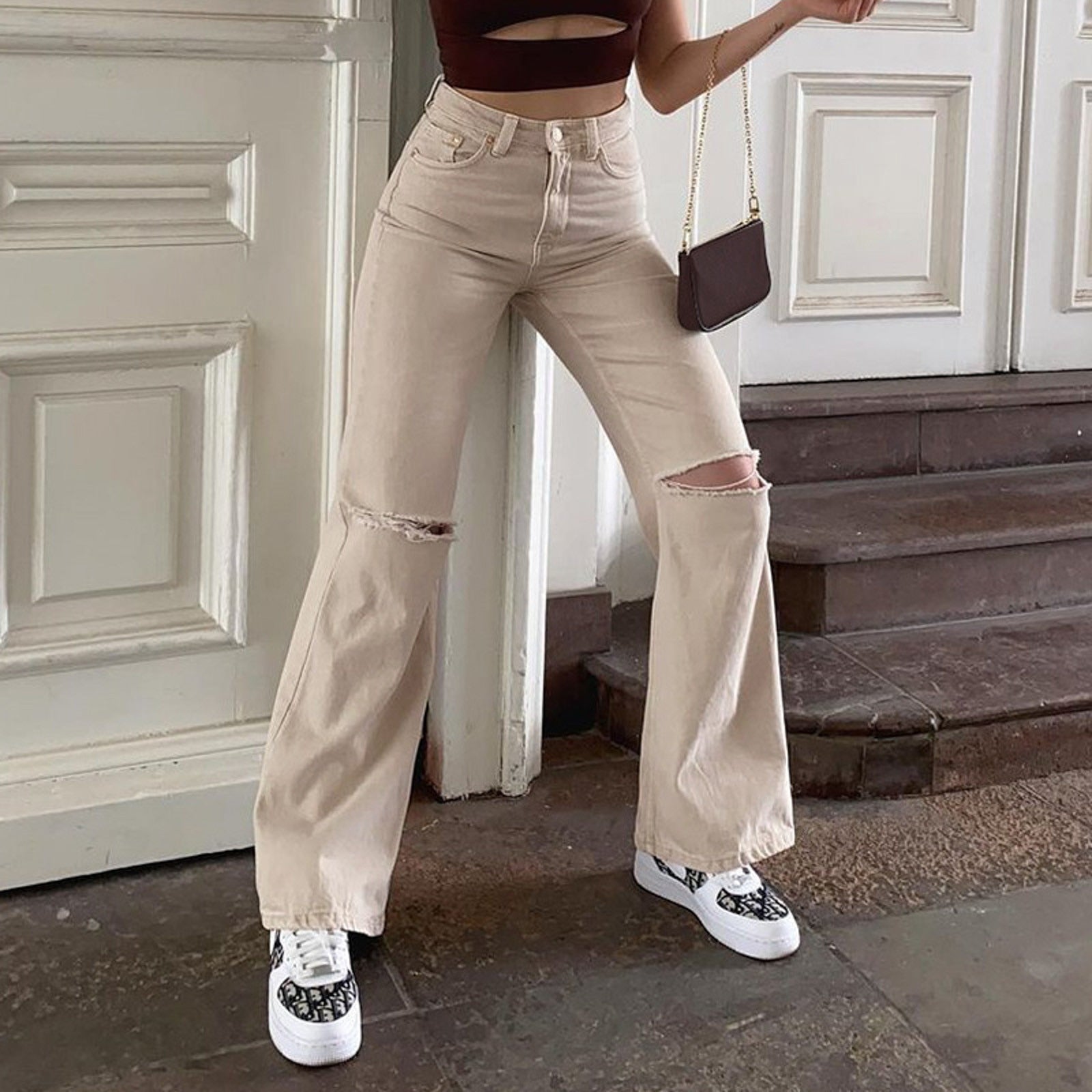Beige Hollow Ripped Jeans