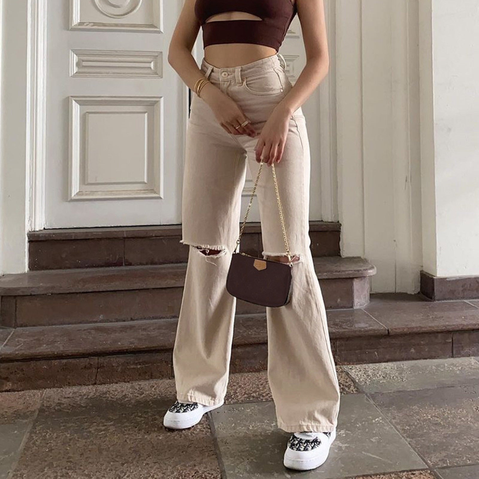 Beige Hollow Ripped Jeans