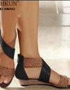 Fish Mouth Leather Canvas Wedge Sandals