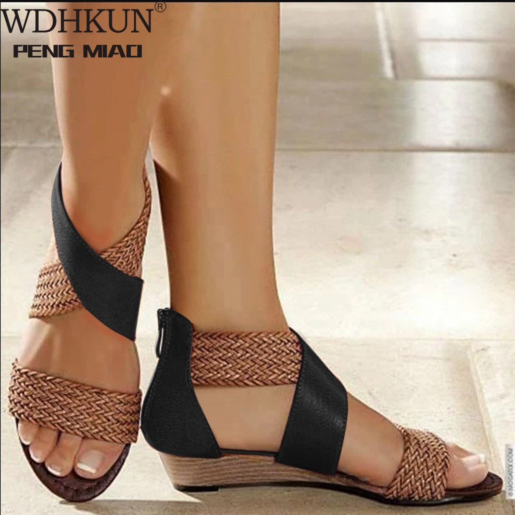 Fish Mouth Leather Canvas Wedge Sandals