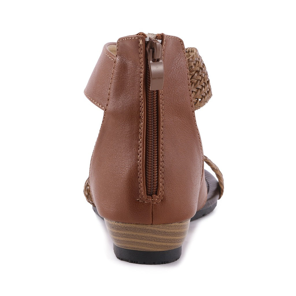Fish Mouth Leather Canvas Wedge Sandals