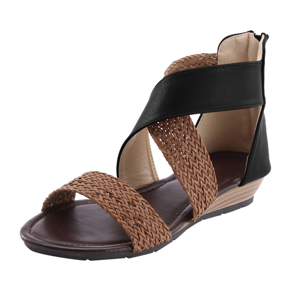 Fish Mouth Leather Canvas Wedge Sandals