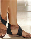 Fish Mouth Leather Canvas Wedge Sandals