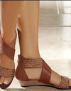 Fish Mouth Leather Canvas Wedge Sandals