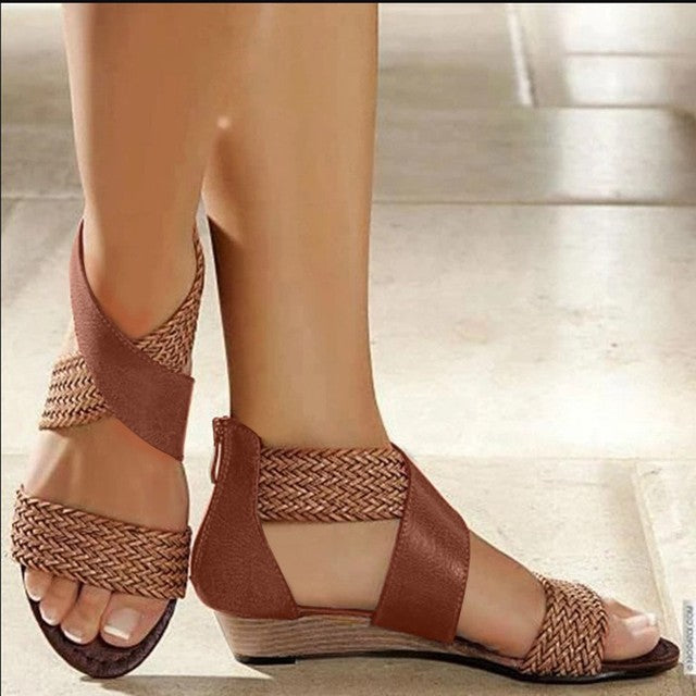 Fish Mouth Leather Canvas Wedge Sandals
