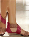 Fish Mouth Leather Canvas Wedge Sandals