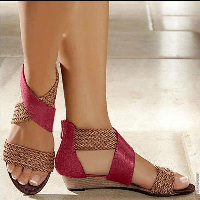 Fish Mouth Leather Canvas Wedge Sandals