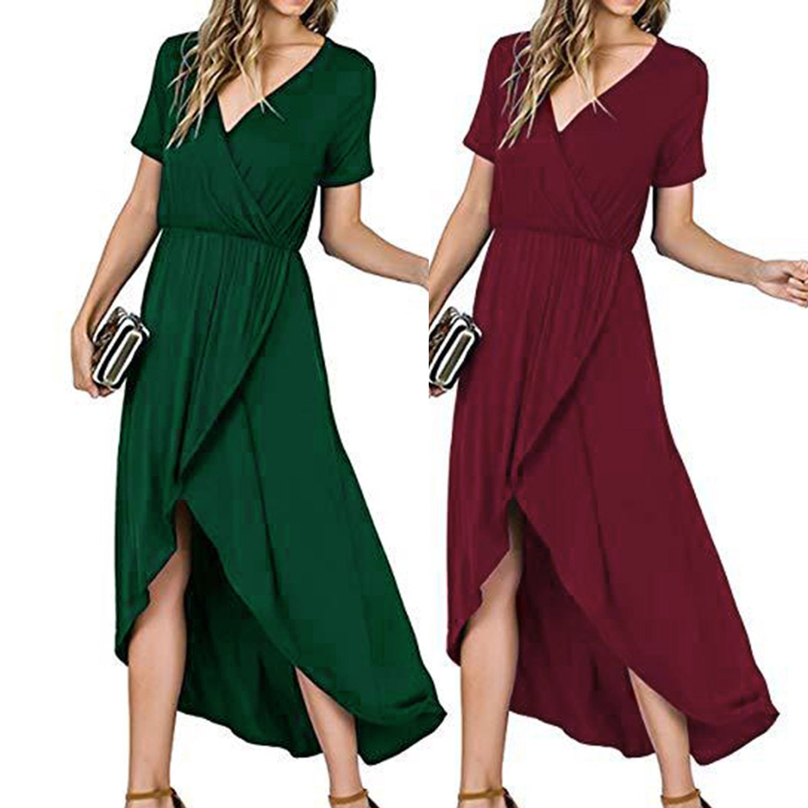 V-neck Short Sleeve Causal Long Dress