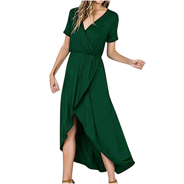 V-neck Short Sleeve Causal Long Dress