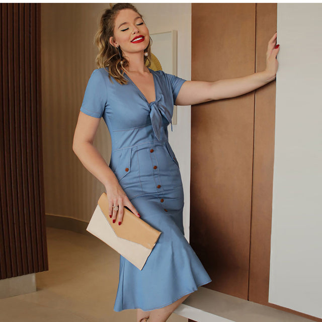 Casual V-neck Short Sleeve Button Dresses
