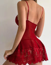 Floral Lace V-neck Strap Night Dress With Thong Set