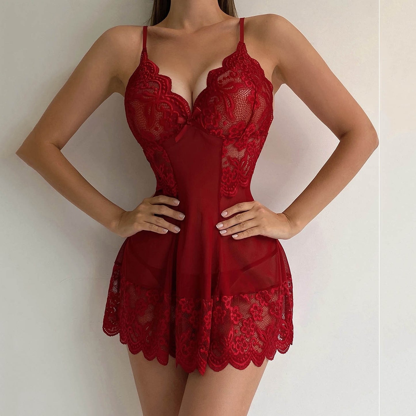Floral Lace V-neck Strap Night Dress With Thong Set