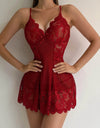 Floral Lace V-neck Strap Night Dress With Thong Set