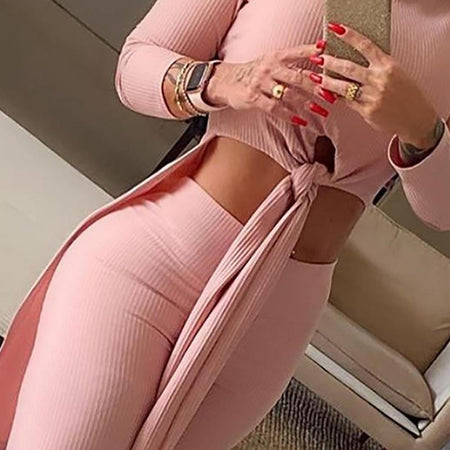 Sexy Two Piece Outfits Solid Knotted Top & High Waist Pants Set